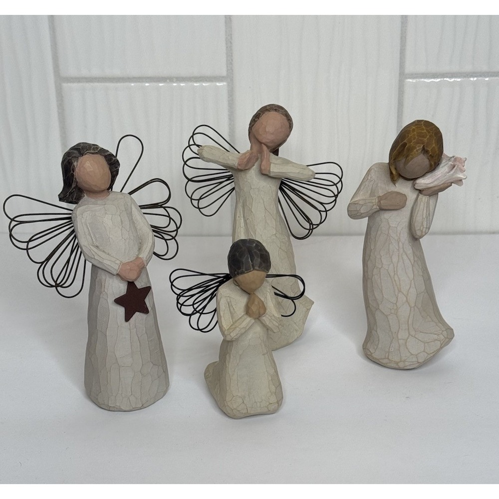 VTG Lot 4 Willow Tree Angel Figurine Demdaco Light, Happiness & Thinking Of You